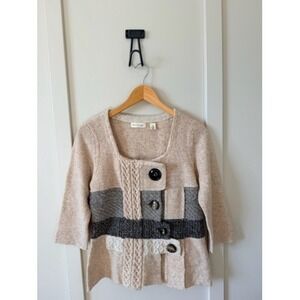 Anthro brand Wool Blend Colorblock Patchwork Button Cardigan Sweater Neutral M
